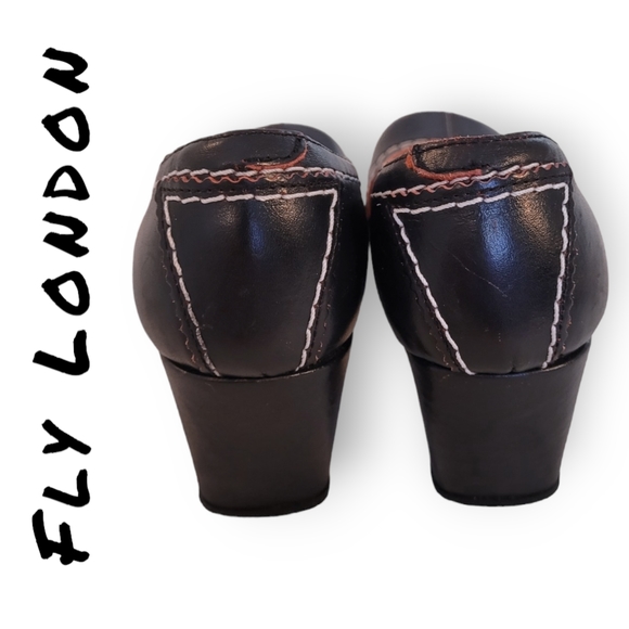 Fly London Red Trim White Stitched Black Leather Heels - Picture 3 of 7